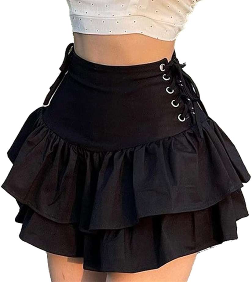 Women Gothic Skirt Fairy Grunge Aesthetic Mall Goth Mini Skirts 2000s E Girl Clothing Fluffy Ruffle Lace-Up - Image 1