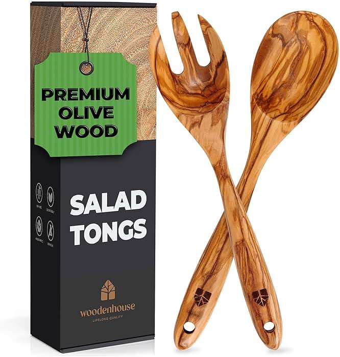 Wooden Salad Tongs for Serving - 12 Inches, Premium Olive Wood Salad Serving Utensils for Mixing, Tossing & Cooking - Sturdy Wooden Fork and Spoon with Long Comfortable Grip - Image 1