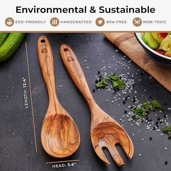 Wooden Salad Tongs for Serving - 12 Inches, Premium Olive Wood Salad Serving Utensils for Mixing, Tossing & Cooking - Sturdy Wooden Fork and Spoon with Long Comfortable Grip - Image 3