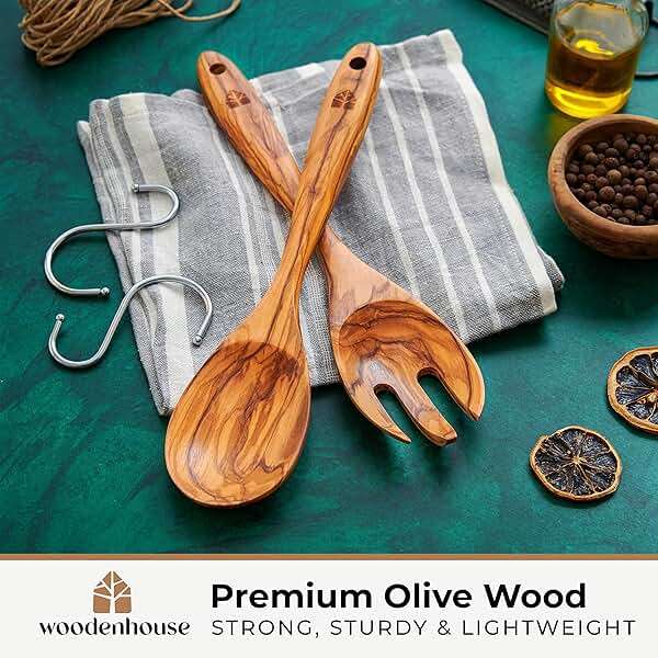 Wooden Salad Tongs for Serving - 12 Inches, Premium Olive Wood Salad Serving Utensils for Mixing, Tossing & Cooking - Sturdy Wooden Fork and Spoon with Long Comfortable Grip - Image 4