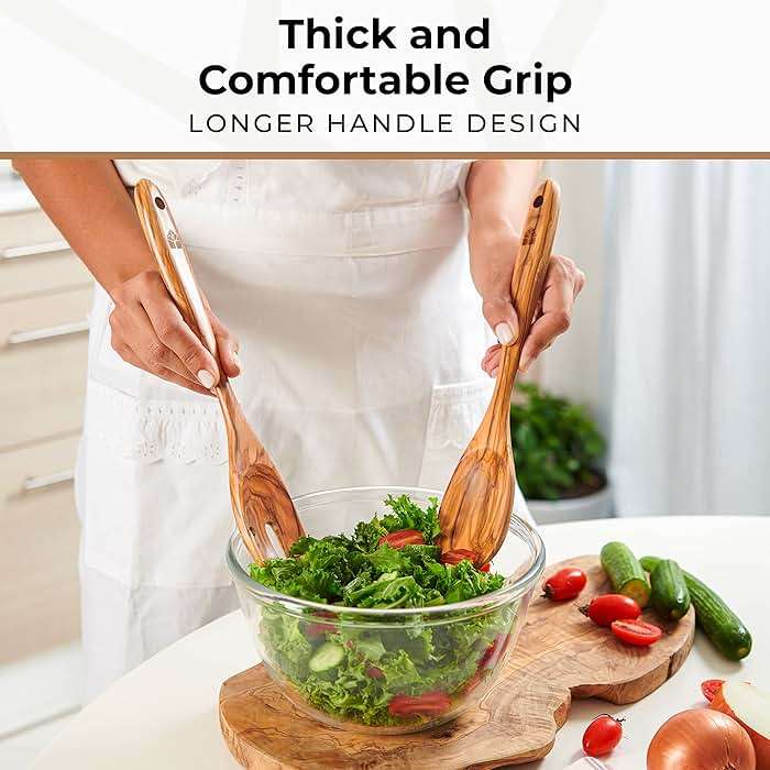 Wooden Salad Tongs for Serving - 12 Inches, Premium Olive Wood Salad Serving Utensils for Mixing, Tossing & Cooking - Sturdy Wooden Fork and Spoon with Long Comfortable Grip - Image 5
