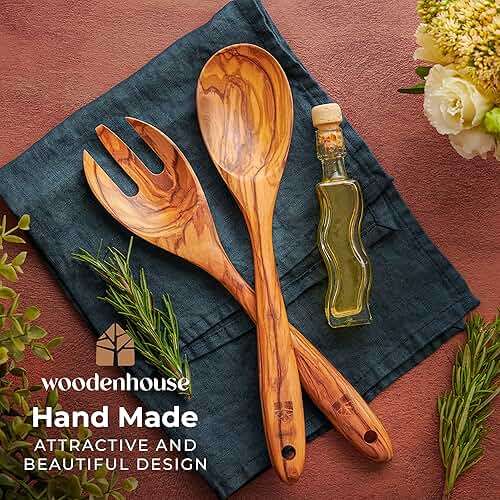 Wooden Salad Tongs for Serving - 12 Inches, Premium Olive Wood Salad Serving Utensils for Mixing, Tossing & Cooking - Sturdy Wooden Fork and Spoon with Long Comfortable Grip - Image 6