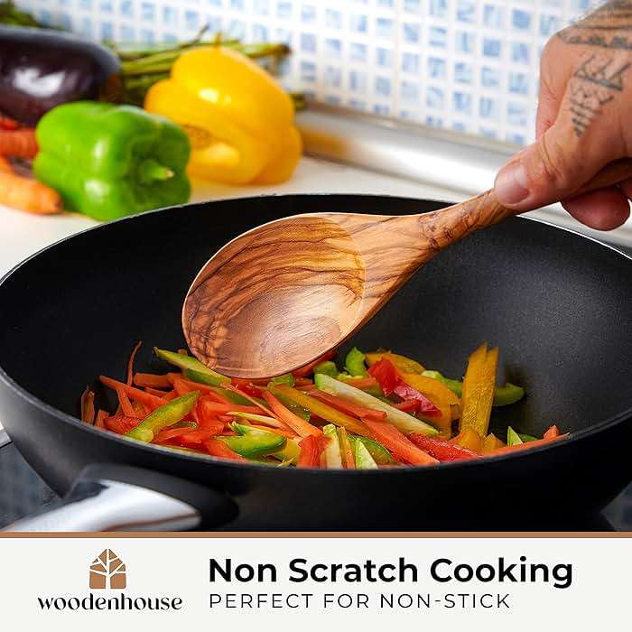 Wooden Salad Tongs for Serving - 12 Inches, Premium Olive Wood Salad Serving Utensils for Mixing, Tossing & Cooking - Sturdy Wooden Fork and Spoon with Long Comfortable Grip - Image 7