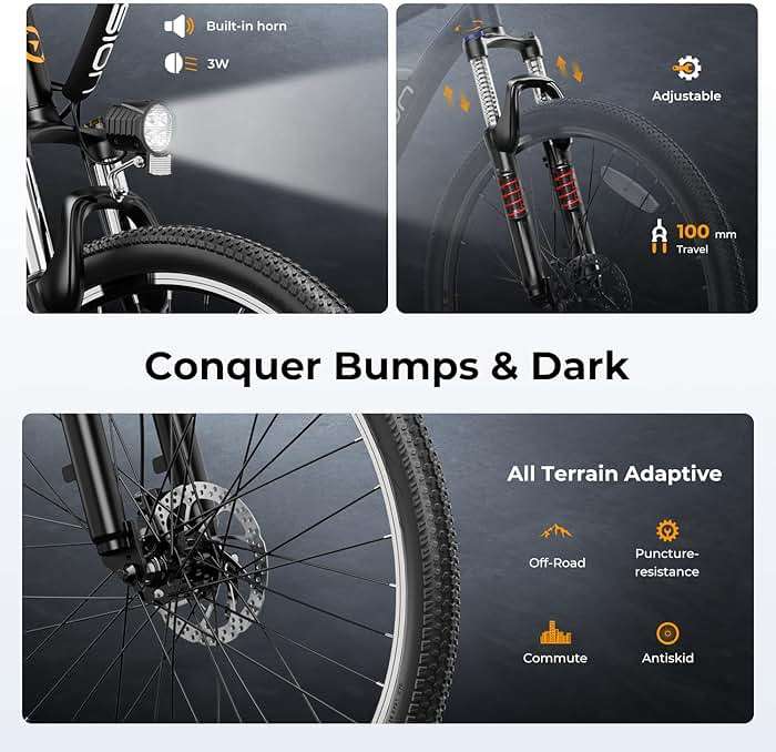 Jasion EB5 Electric Bike for Adults with Peak 1000W Brushless Motor, 40Miles 20MPH Commuting Electric Mountain Bike with 500Wh Removable Battery, 7-Speed, 26" Tires and Front Fork Suspension - Image 6