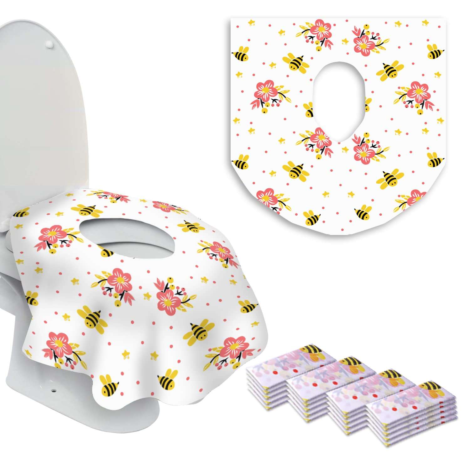 20 Extra Large Toilet Seat Covers Disposable for Kids & Adults-Toilet Covers Disposable for travel-Toddler Toilet Seat Cover Liners for Potty Training-Individually Wrapped-Waterproof (Bees) - Image 1
