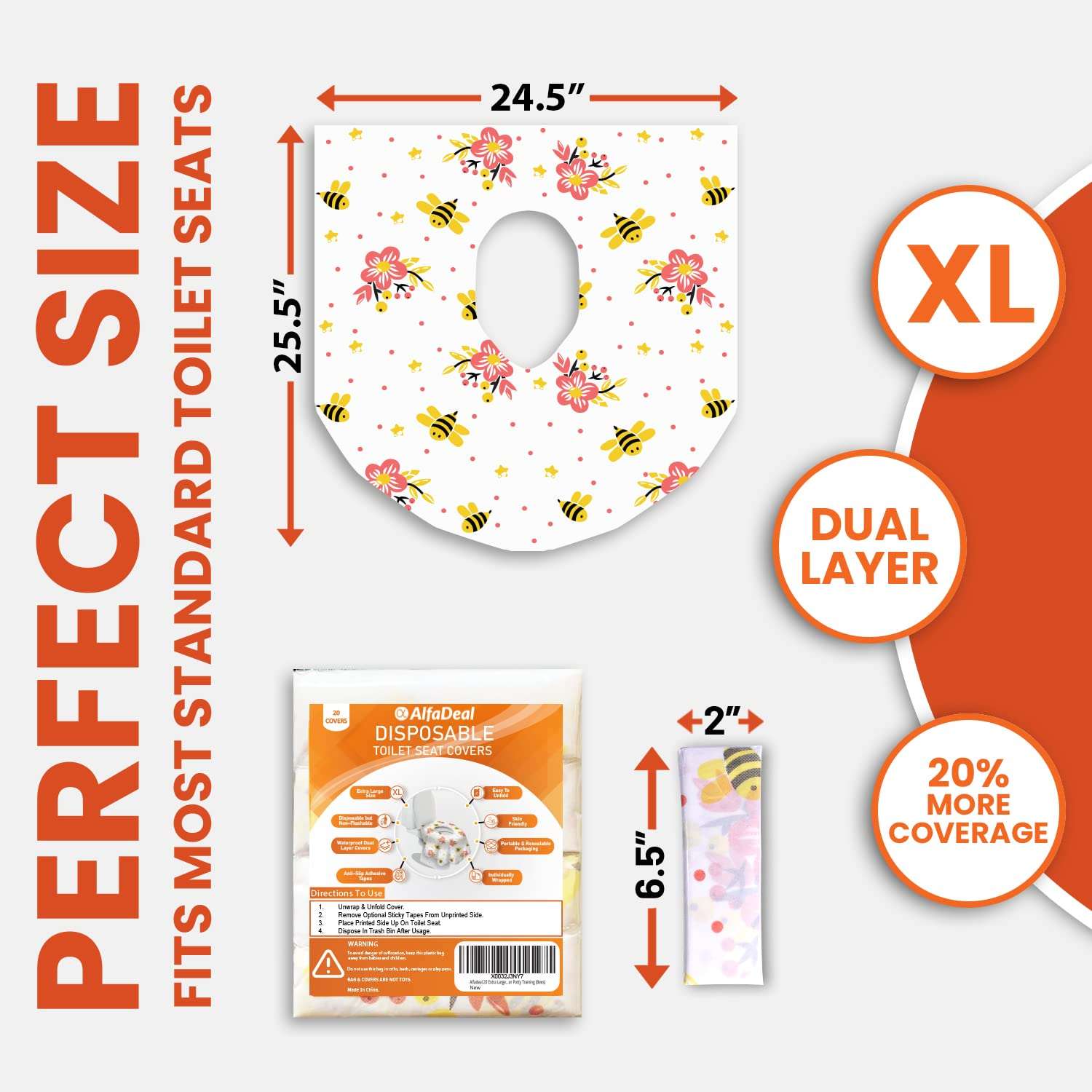 20 Extra Large Toilet Seat Covers Disposable for Kids & Adults-Toilet Covers Disposable for travel-Toddler Toilet Seat Cover Liners for Potty Training-Individually Wrapped-Waterproof (Bees) - Image 2