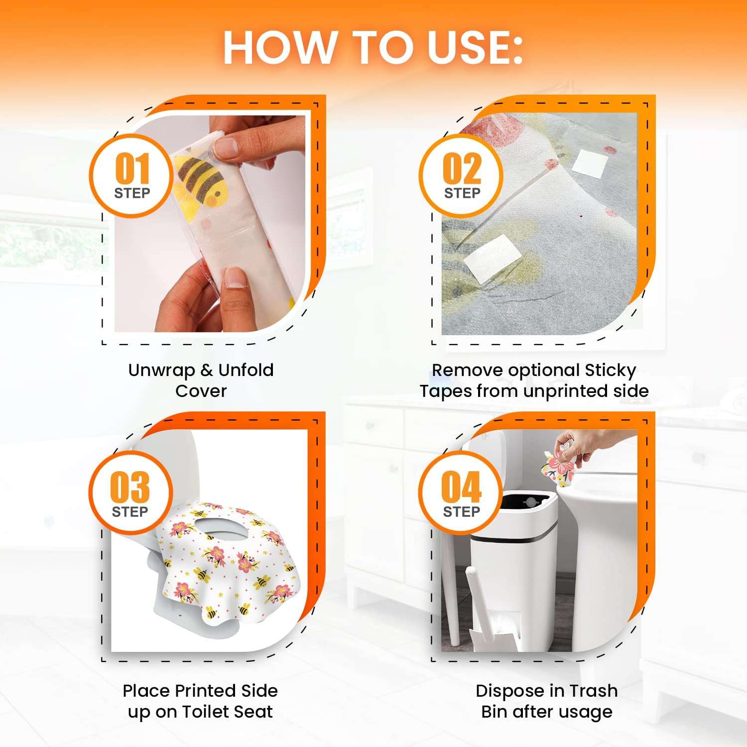 20 Extra Large Toilet Seat Covers Disposable for Kids & Adults-Toilet Covers Disposable for travel-Toddler Toilet Seat Cover Liners for Potty Training-Individually Wrapped-Waterproof (Bees) - Image 6
