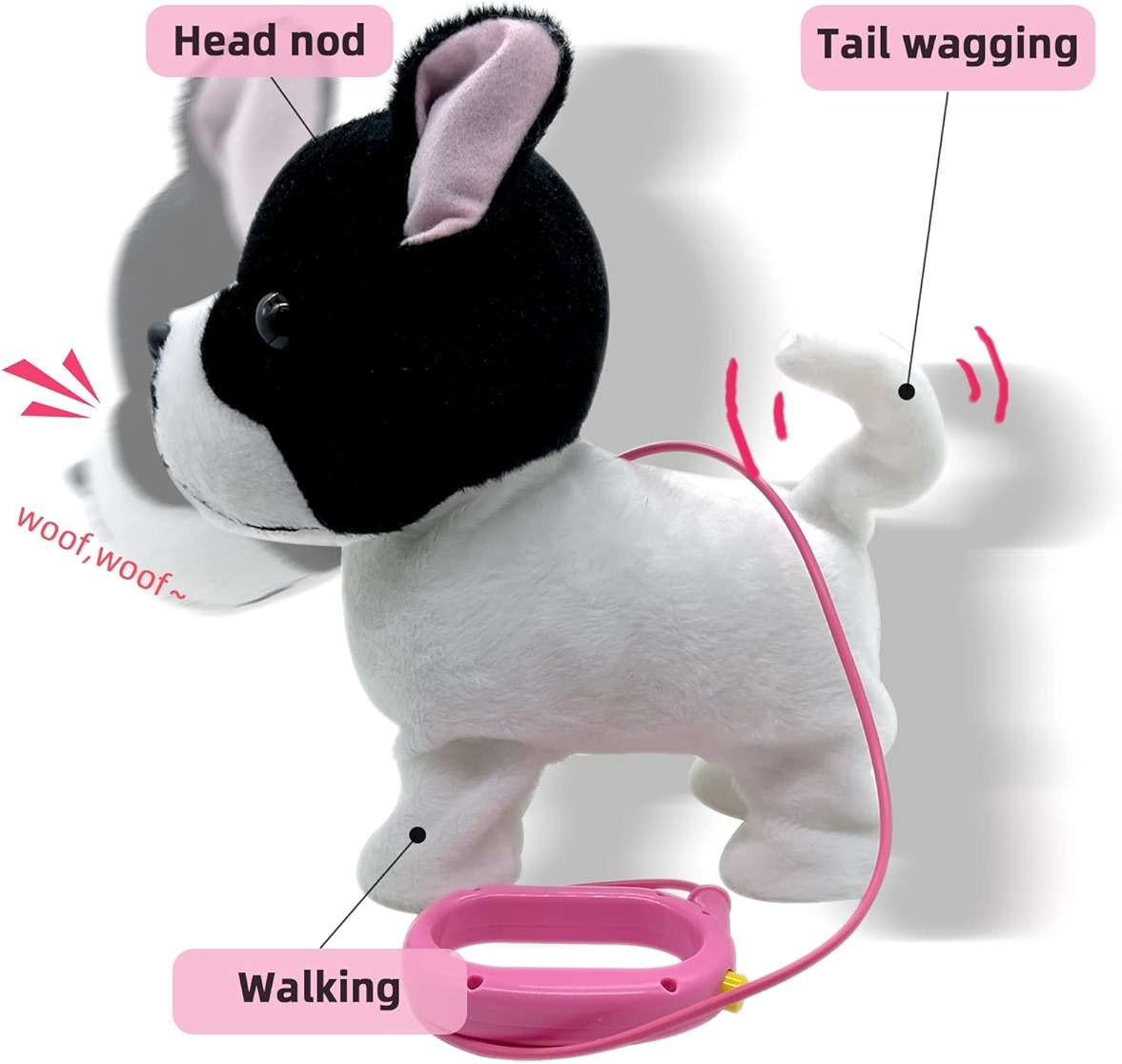 YH YUHUNG Walking French Bulldog Toy with Leash, Black & White Frenchie Puppy Robot, Electronic Barking & Wagging Plush Dog, Interactive Pet Gift for Kids 3+ (French Bulldog) - Image 4