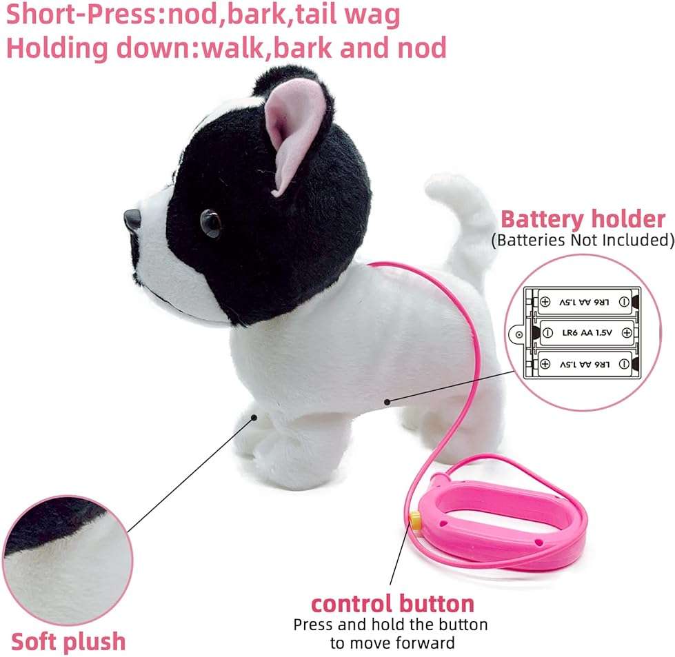 YH YUHUNG Walking French Bulldog Toy with Leash, Black & White Frenchie Puppy Robot, Electronic Barking & Wagging Plush Dog, Interactive Pet Gift for Kids 3+ (French Bulldog) - Image 5