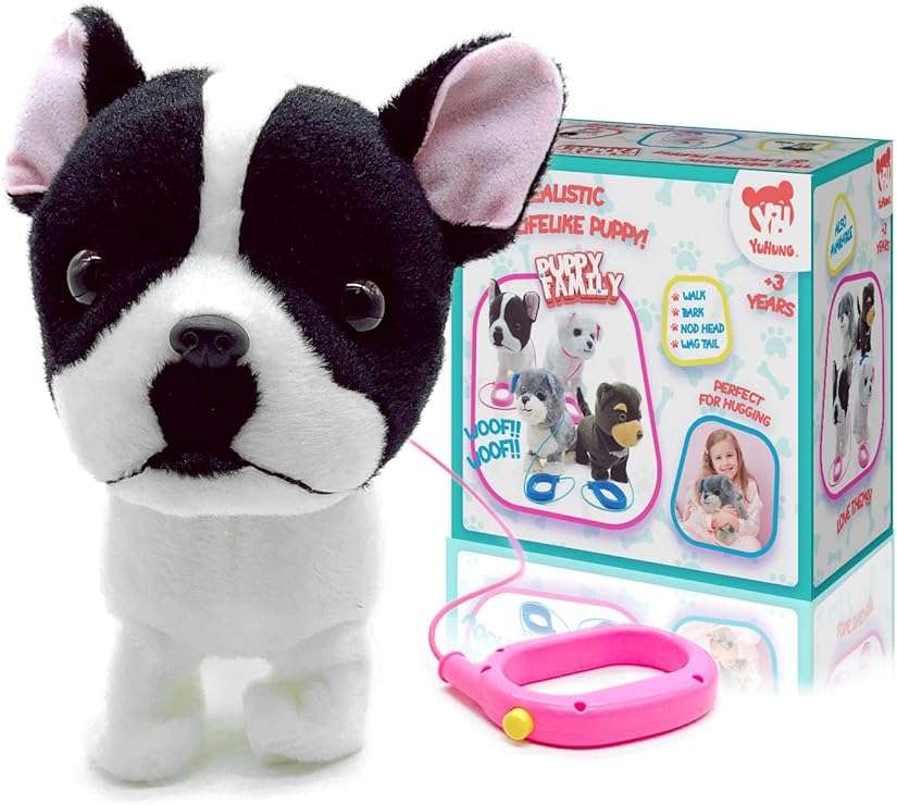 YH YUHUNG Walking French Bulldog Toy with Leash, Black & White Frenchie Puppy Robot, Electronic Barking & Wagging Plush Dog, Interactive Pet Gift for Kids 3+ (French Bulldog) - Image 6