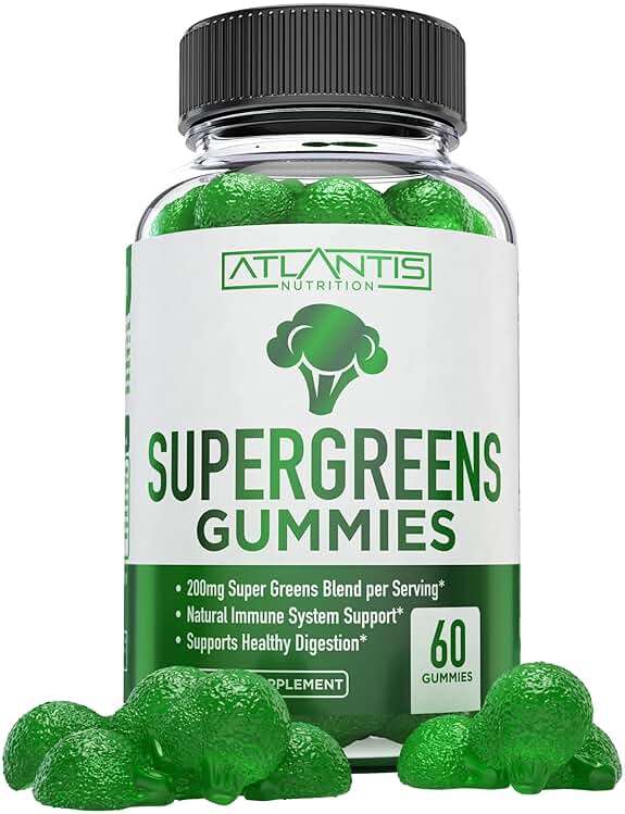 Atlantis Nutrition Supergreens Gummies - Daily Green Superfoods Supplement with Spinach, Broccoli, Moringa, Beet Root, Celery, Green Tea, & Acai for Immunity Support - Natural Raspberry Flavor, 60 cnt - Image 1