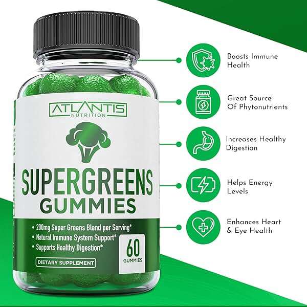 Atlantis Nutrition Supergreens Gummies - Daily Green Superfoods Supplement with Spinach, Broccoli, Moringa, Beet Root, Celery, Green Tea, & Acai for Immunity Support - Natural Raspberry Flavor, 60 cnt - Image 2