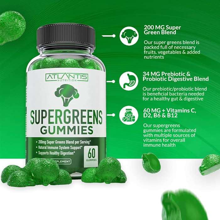 Atlantis Nutrition Supergreens Gummies - Daily Green Superfoods Supplement with Spinach, Broccoli, Moringa, Beet Root, Celery, Green Tea, & Acai for Immunity Support - Natural Raspberry Flavor, 60 cnt - Image 3