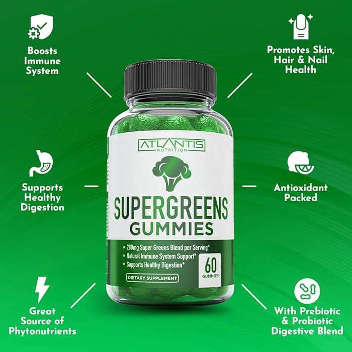 Atlantis Nutrition Supergreens Gummies - Daily Green Superfoods Supplement with Spinach, Broccoli, Moringa, Beet Root, Celery, Green Tea, & Acai for Immunity Support - Natural Raspberry Flavor, 60 cnt - Image 4