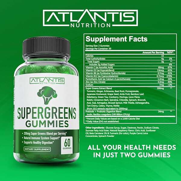 Atlantis Nutrition Supergreens Gummies - Daily Green Superfoods Supplement with Spinach, Broccoli, Moringa, Beet Root, Celery, Green Tea, & Acai for Immunity Support - Natural Raspberry Flavor, 60 cnt - Image 5
