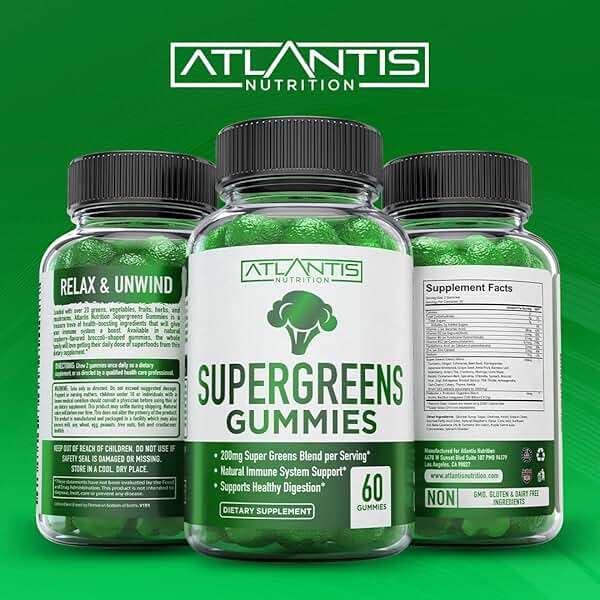 Atlantis Nutrition Supergreens Gummies - Daily Green Superfoods Supplement with Spinach, Broccoli, Moringa, Beet Root, Celery, Green Tea, & Acai for Immunity Support - Natural Raspberry Flavor, 60 cnt - Image 6