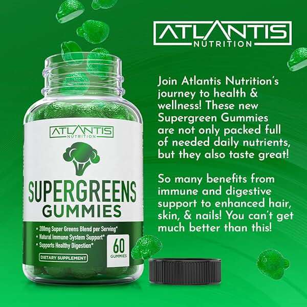Atlantis Nutrition Supergreens Gummies - Daily Green Superfoods Supplement with Spinach, Broccoli, Moringa, Beet Root, Celery, Green Tea, & Acai for Immunity Support - Natural Raspberry Flavor, 60 cnt - Image 7