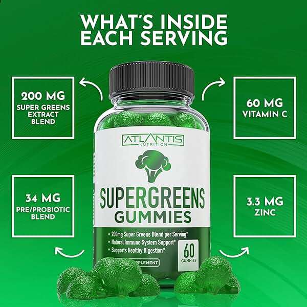 Atlantis Nutrition Supergreens Gummies - Daily Green Superfoods Supplement with Spinach, Broccoli, Moringa, Beet Root, Celery, Green Tea, & Acai for Immunity Support - Natural Raspberry Flavor, 60 cnt - Image 8
