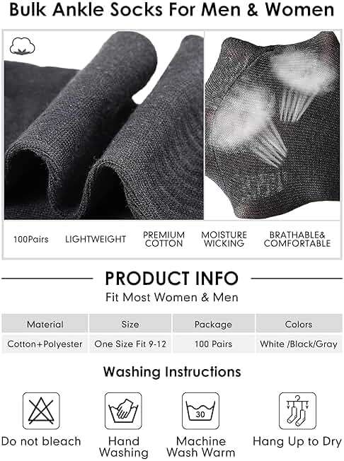 Tarpop 100 Pairs Bulk Mens Socks Moisture Wicking Casual Sports Ankle Socks for Homeless Unisex Adult Men Women - Image 2