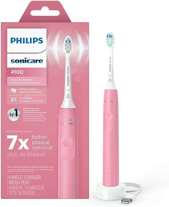 Philips Sonicare 4100 Rechargeable Electric Toothbrush, with Pressure Sensor, 2 Intensity Settings, SmarTimer and QuadPacer, 14-Day Battery Life, Deep Pink, Model HX3681/26 - Image 1