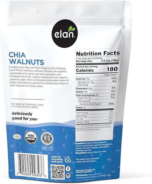 Elan Organic Chia Walnuts, 4.5 oz, Non-GMO, Gluten-Free, Vegan, Kosher, Healthy Snacks, Glazed Nuts with Chia Seeds, Goji Berry Powder & Himalayan Pink Salt, Superfood Infused Nuts - Image 2