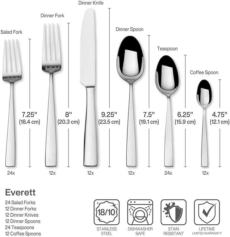 Mikasa Everett 18/10 Stainless Steel Flatware Set, 101-Piece Service for 12, Silverware Set with Slim Square-Cut Handles, Dishwasher Safe Cutlery Set - Image 2