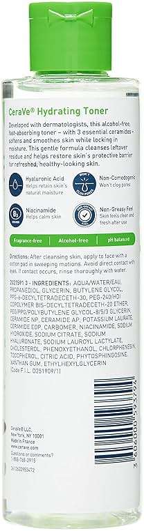 CeraVe Hydrating Toner for Face Non-Alcoholic with Hyaluronic Acid, Niacinamide, and Ceramides for Sensitive Dry Skin, Fragrance-Free Non Comedogenic, Full Size, 6.8 Fl Oz - Image 2