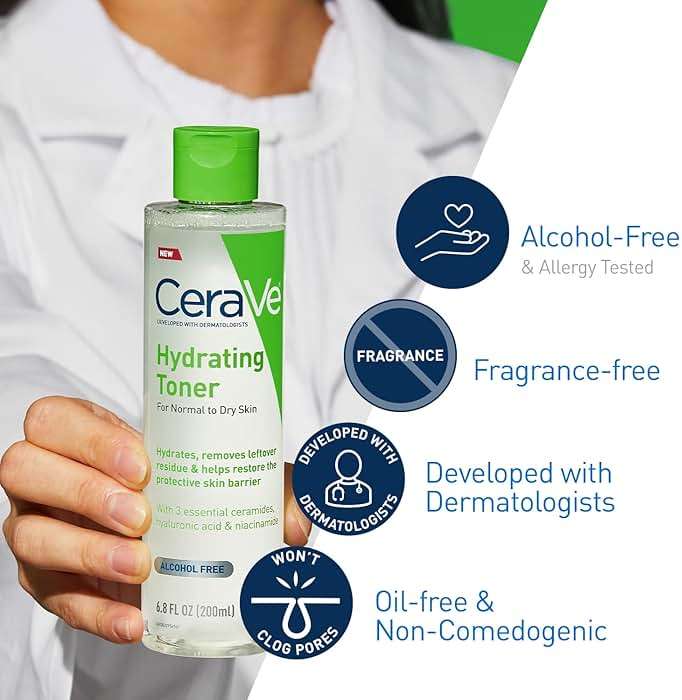 CeraVe Hydrating Toner for Face Non-Alcoholic with Hyaluronic Acid, Niacinamide, and Ceramides for Sensitive Dry Skin, Fragrance-Free Non Comedogenic, Full Size, 6.8 Fl Oz - Image 5