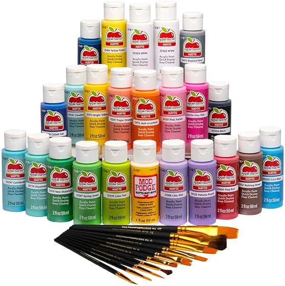Apple Barrel Art Lessons Paint and Brush Set, 34 pc Kit Including 23 2 fl oz Apple Barrel Acrylic Paint Colors, 1 2 fl oz bottle of Mod Podge Matte, 10 FolkArt Brushes, 6 Video Lessons And More - Image 1
