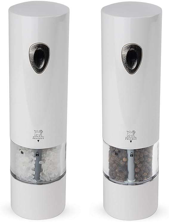 Peugeot PHENIX White Lacquered Stainless Steel Electric Adjustable Salt & Pepper Mill Gift Set, 8-inch - Image 1