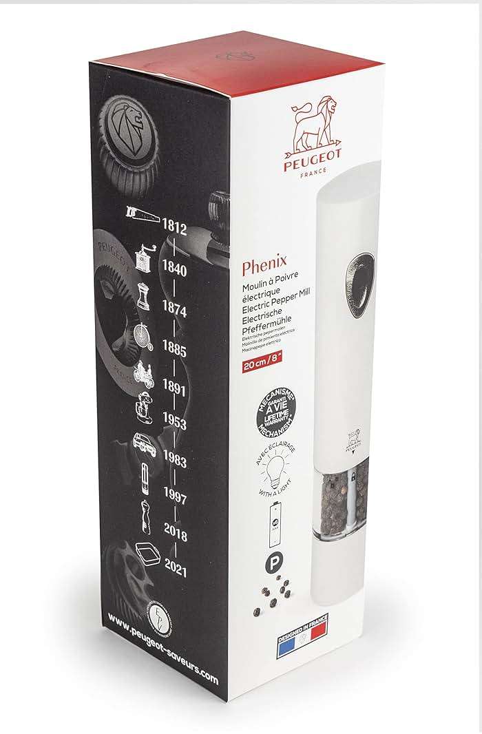Peugeot PHENIX White Lacquered Stainless Steel Electric Adjustable Salt & Pepper Mill Gift Set, 8-inch - Image 4