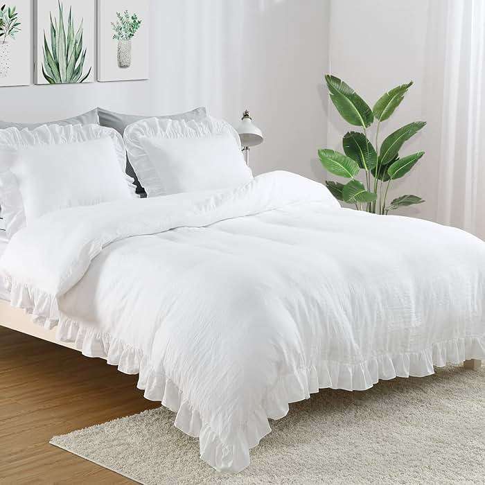 CAROMIO White Ruffle Duvet Cover Queen Size, 3PCS Soft Washed Microfiber Vintage French Country Duvet Cover Set for Queen Bed, White, 90x90 in - Image 1