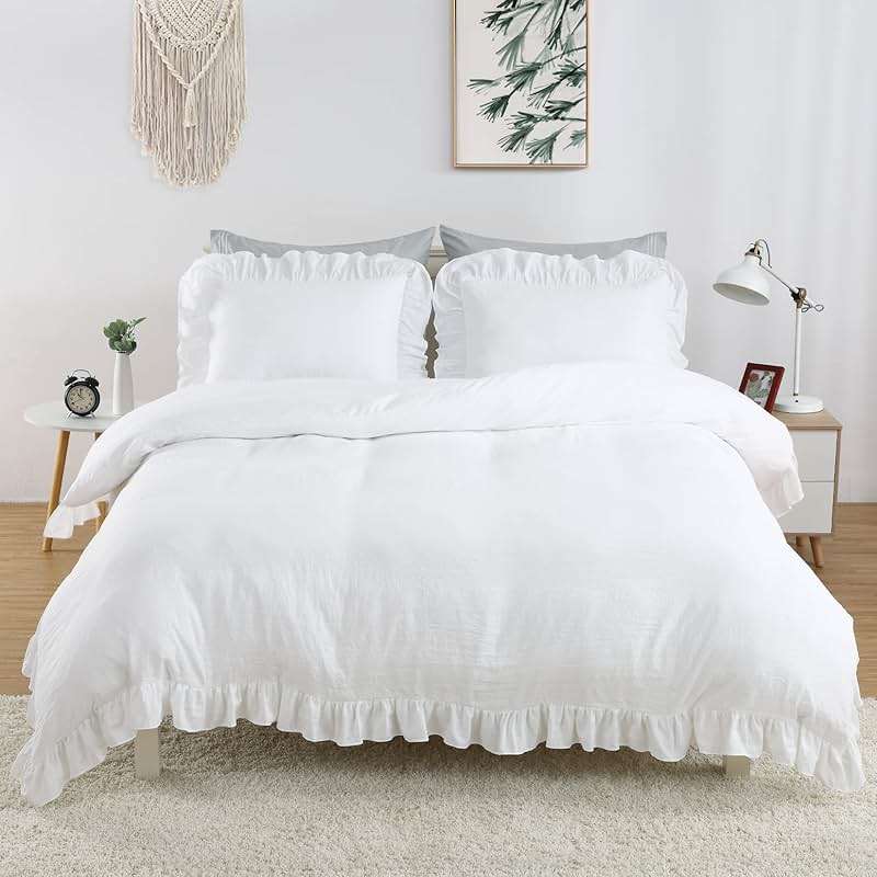 CAROMIO White Ruffle Duvet Cover Queen Size, 3PCS Soft Washed Microfiber Vintage French Country Duvet Cover Set for Queen Bed, White, 90x90 in - Image 2