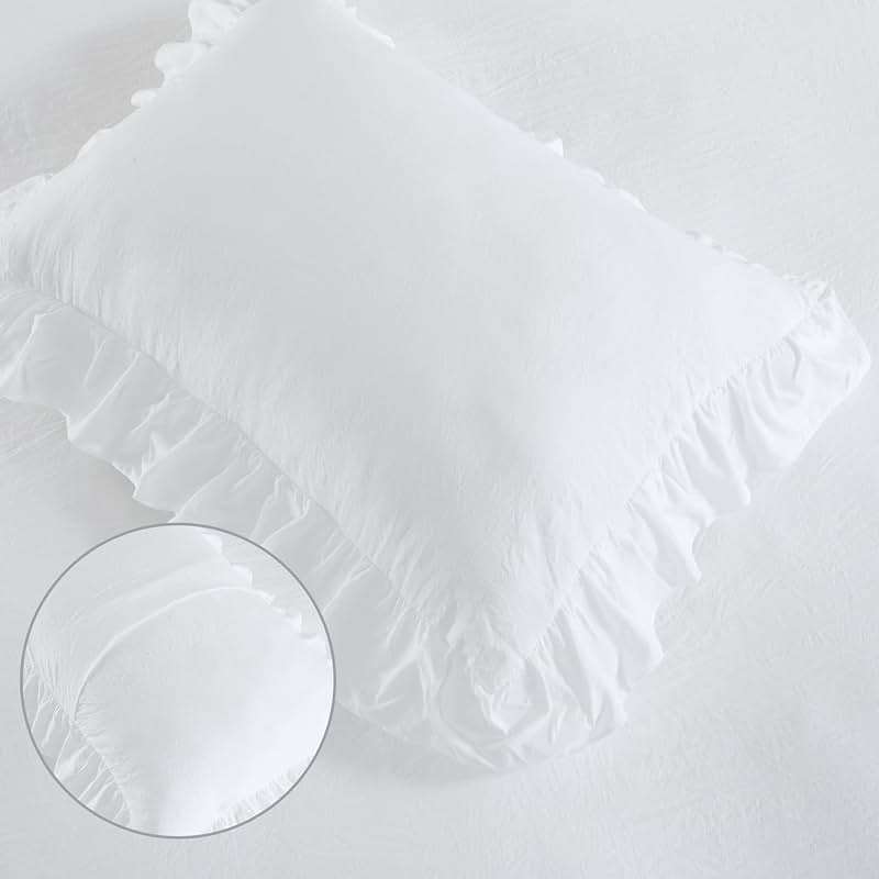 CAROMIO White Ruffle Duvet Cover Queen Size, 3PCS Soft Washed Microfiber Vintage French Country Duvet Cover Set for Queen Bed, White, 90x90 in - Image 6