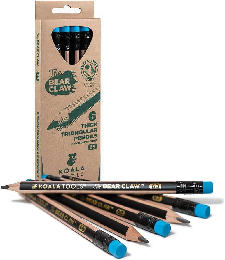 Koala Tools Bear Claw 6B Drawing Pencils, Triangular Jumbo Pencils for Sketching & Shading, Comfortable Long Sessions, Built-In Eraser, Real Wood, Pack of 6 | For Artists & Adults with Hand Fatigue - Image 1
