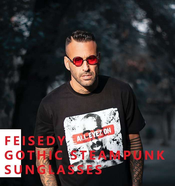 FEISEDY Retro Gothic Steampunk Sunglasses Round Metal Frame Punk Circle Inspired Shade Men B1857 - Image 2