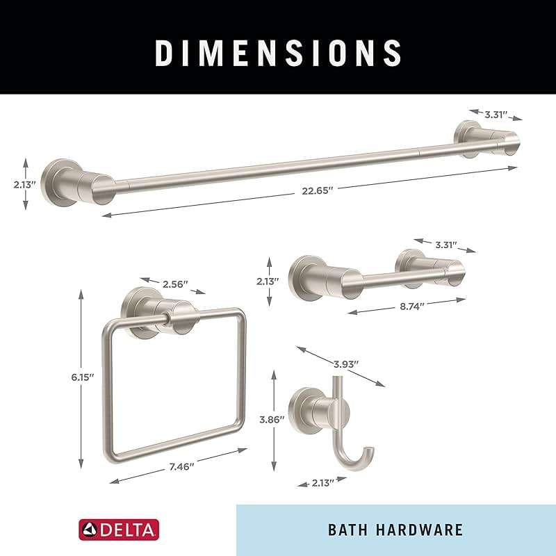 Delta 4-Piece SpotShield Brushed Nickel Bathroom Set Towel Rack, Ring, Toilet Paper Holder, Hook | Nicoli Bath Accessories - Image 3