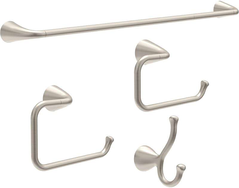 Delta ARV64-DN Arvo 4-Piece Bath Hardware Set 18-in Towel Bar w/ 6-in Extender, Toilet Paper Holder, Towel Ring, Hook, Brushed Nickel - Image 1