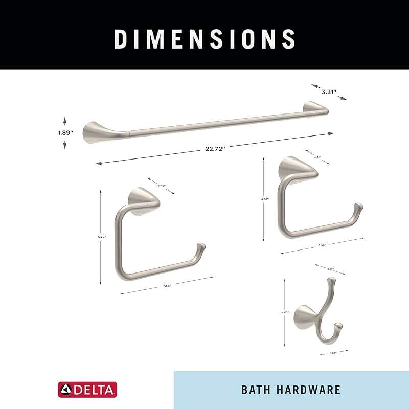 Delta ARV64-DN Arvo 4-Piece Bath Hardware Set 18-in Towel Bar w/ 6-in Extender, Toilet Paper Holder, Towel Ring, Hook, Brushed Nickel - Image 3