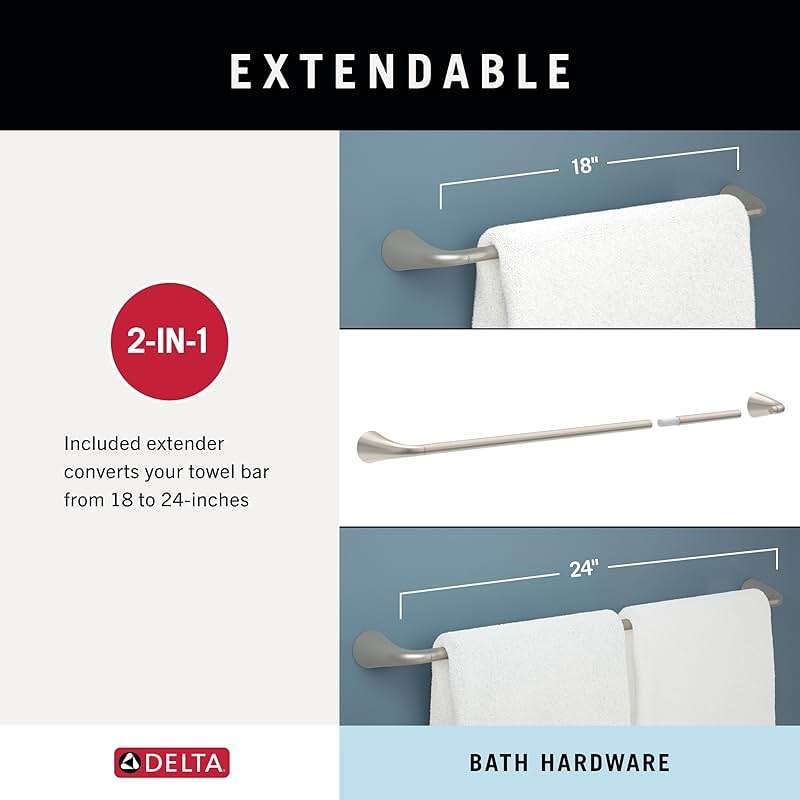 Delta ARV64-DN Arvo 4-Piece Bath Hardware Set 18-in Towel Bar w/ 6-in Extender, Toilet Paper Holder, Towel Ring, Hook, Brushed Nickel - Image 6