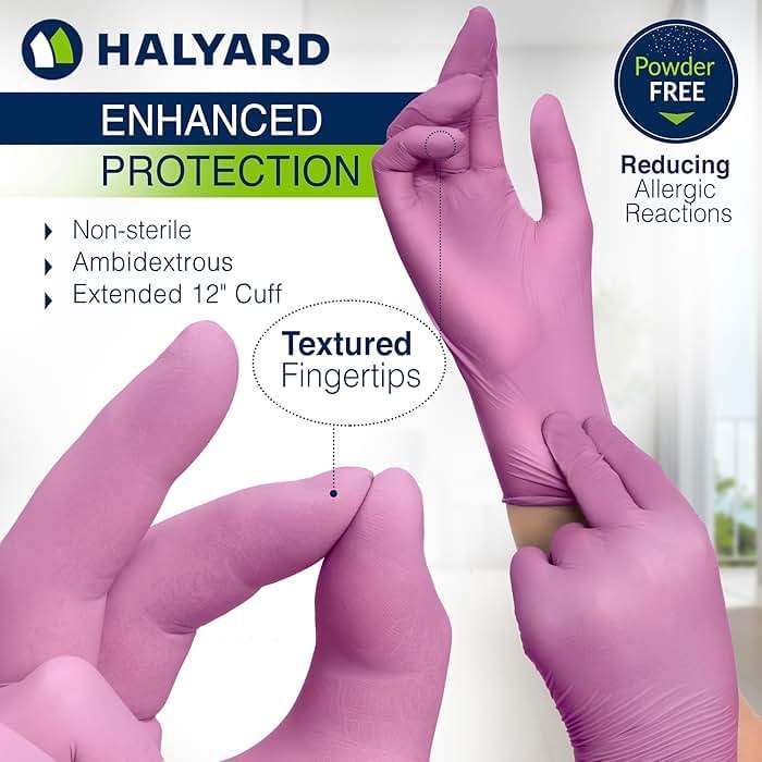 HALYARD PINK UNDERGUARD Nitrile Exam Gloves, Powder-Free, 4.7 mil, Extended 12" Cuff, Pink - Image 2