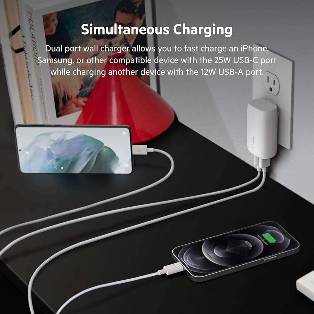 Belkin USB C Charger Block 37W - 25W USB-C Port + 12W USB-A Port for PPS Charging Apple iPhone 17, Air, Pro, Pro Max, AirPods, Samsung Galaxy S25, Nintendo Switch 2, Google Pixel 10, etc. - White - Image 2
