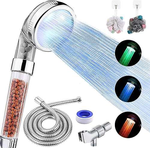 FASTRAS LED Shower Head with Handheld, High Pressure Shower Head with Hose, Holder & PTFE Tape etc, 3 Water Temperature-Controlled Water Saving Filtered Shower Head for Dry Hair& Skin - Image 1
