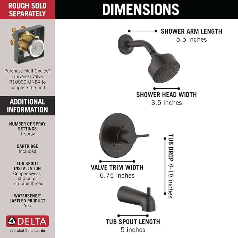 Delta Modern 14 Series Bathtub and Shower Faucet Set, Matte Black Shower Head and Handle Set, Valve Trim Kit, Matte Black T14459-BL-PP (Valve Not Included) - Image 3