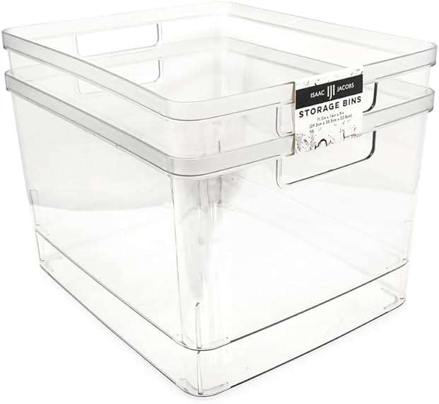 Isaac Jacobs 2-Pack Extra-Large Clear Storage Bins (11.5” L x 14” W x 9” H) w/Cutout Handles, Plastic Organizer for Home, for Kitchen, Fridge, Pantry, BPA Free, Food Safe (2-Pack, Extra-Large) - Image 1