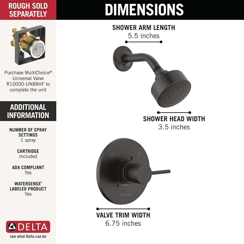 Delta Modern 14 Series Shower Faucet Set, Matte Black Shower Head and Handle Set, Valve Trim Kit, Matte Black T14259-BL-PP (Valve Not Included) - Image 3