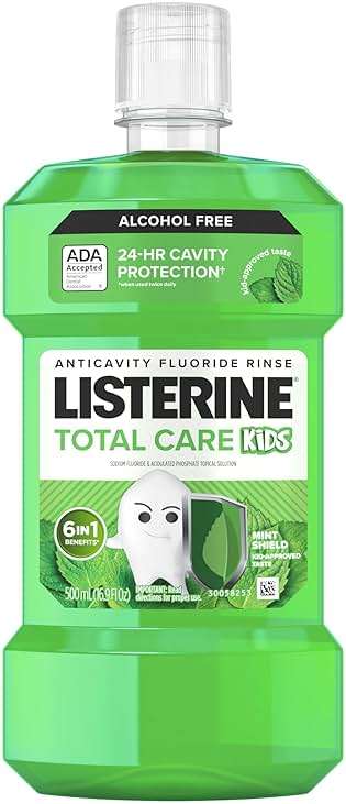 Listerine Total Care Kids Mouthwash, ADA Accepted, Alcohol-Free Anticavity Fluoride Mouthwash, Oral Rinse for Cavity Protection and Fresh Breath, Mint Shield Flavor, 500 mL - Image 1