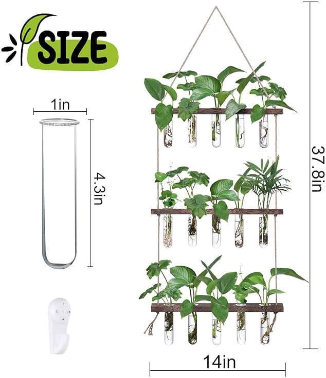 XXXFLOWER Wall Hanging Propagation Station with Wooden Stand 5 Glass Test Tubes 3 Tiered Planters Wall Terrarium for Home Office Plant Hanger Flower Vases Wall Decor Hydroponic Cuttings - Image 3