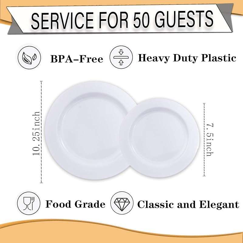 FLOWERCAT 100PCS White Plastic Plates-Heavy Duty White Disposable Plates for Christmas/Easter/Party/Wedding -Serve 50 guests 10.25inch & 7.5inch - Image 3