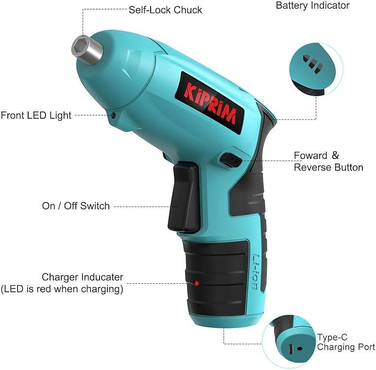 Small 4V Electric Screwdriver,Kiprim ES3 Cordless Screwdriver Tool with Rechargeable Battery,LED Front Light & Power Display Light for Home DIY Blue - Image 2